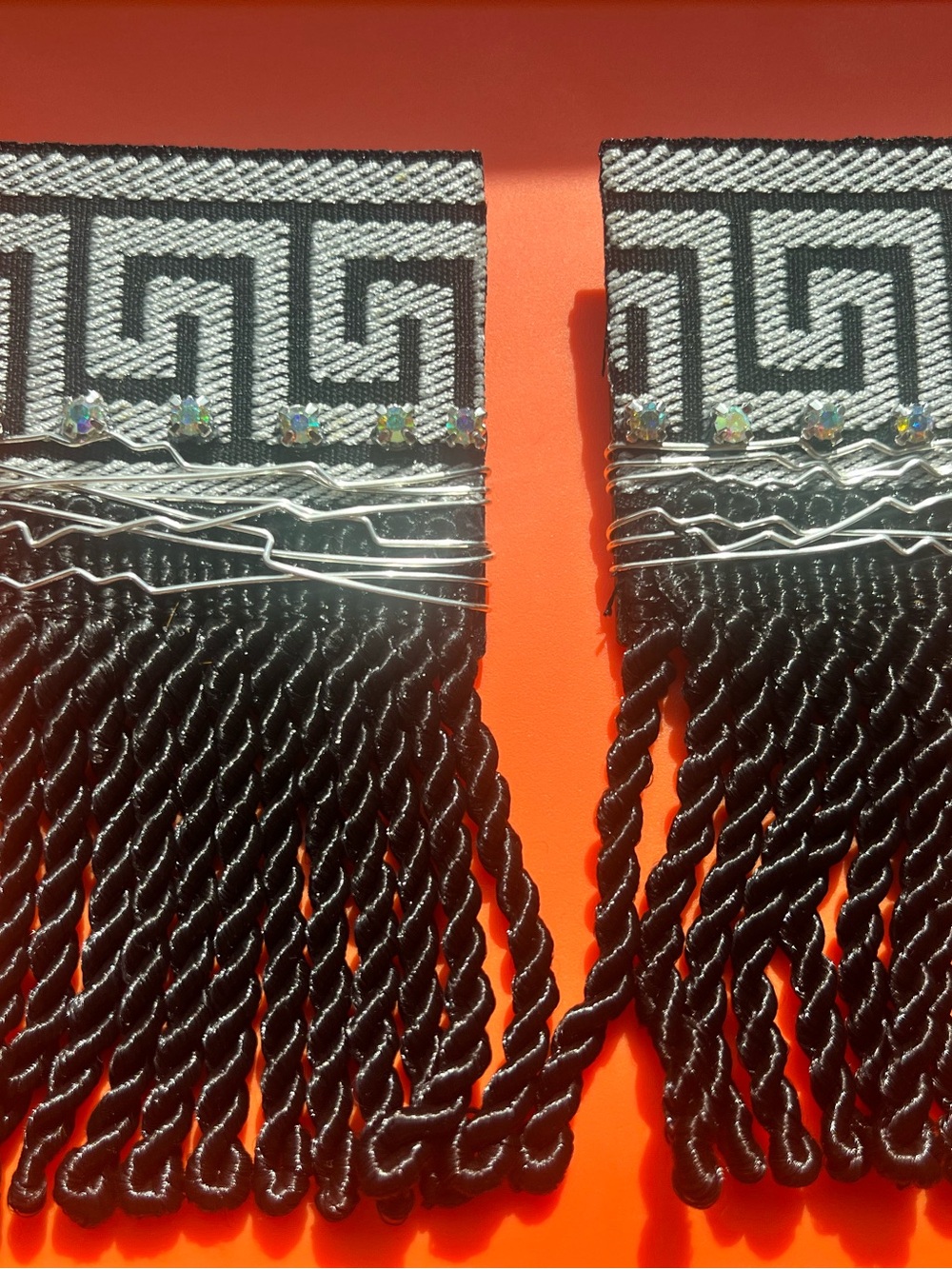 Black/Grey Fringe earrings Accent with Silver Trim